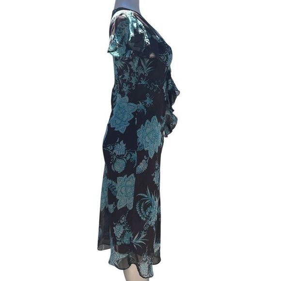 MSK Midi Dress Women's Sz 10 Brown Teal Floral Twist Front Ruffle Flutter Sleeve - Picture 5 of 16